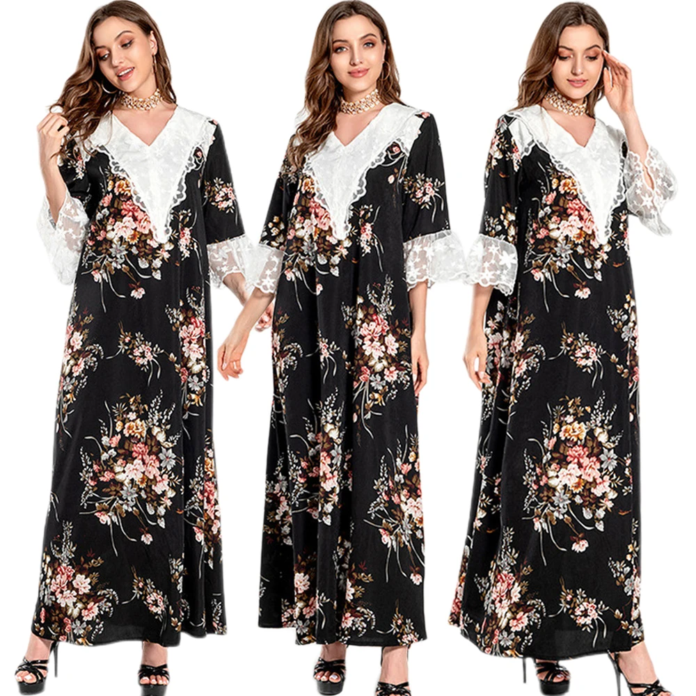 

Vintage Lace Embroidery Muslim Women Long Dress Islamic Middle East Arabic Floral Print Maxi Robe Dubai Kaftan Turkey Vestidos