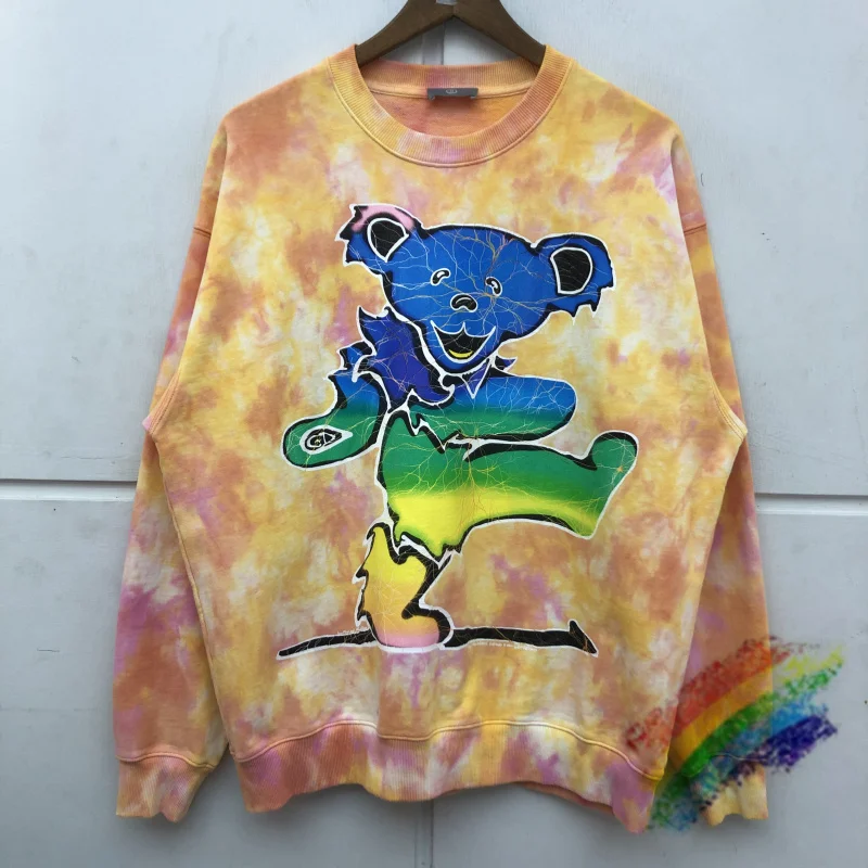 

Washed Tie-dye Cartoon Bear Print Sweatshirts Men Women High Quality Heavy Fabric Unisex Hoodie Crewneck Inside Tag Label