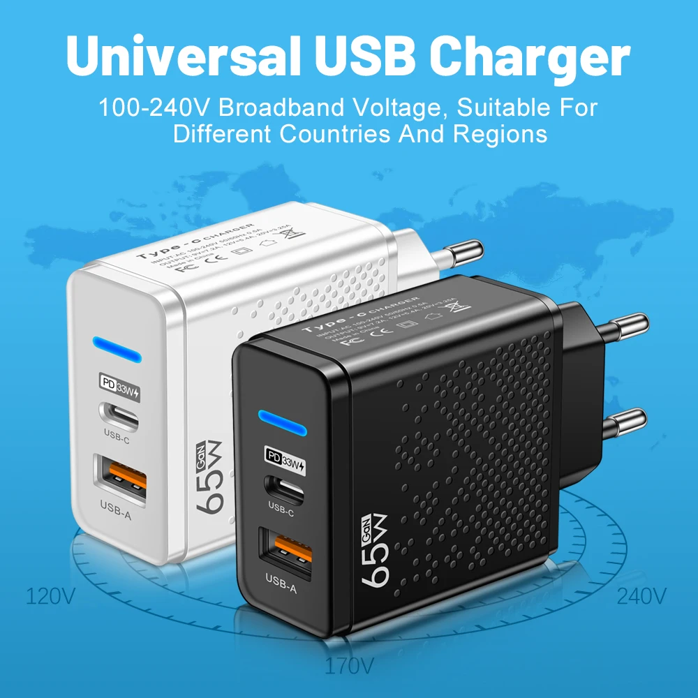 

PD 65W USB Charger 3 Ports Mobile Phone Charger QC3.0 Fast Charging Adapter Type C Compatible Chargers PC Huawei Xiaomi IPhone