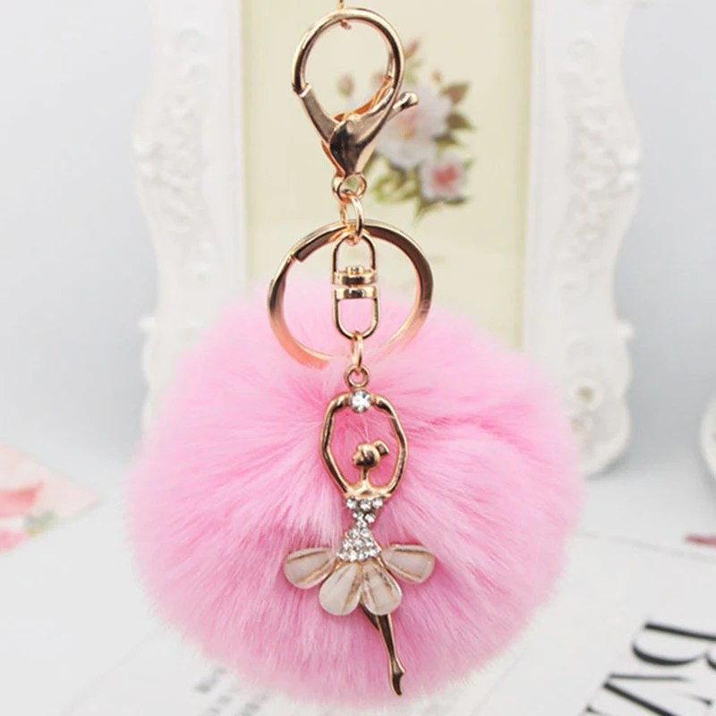 

New Kawaii Dancing Angel Girl Fluffy Pompom Keychains Fake Rabbit Fur Ball Keychain Women Bag Charms Jewelry Gift Pendant Toys
