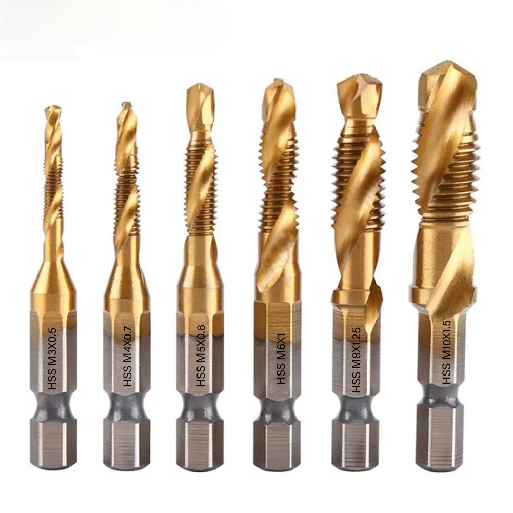 

Manual 6-Pack M3-M10 Vástago hexagonal Titanio plateado HSS Rosca Broca Tornillo Máquina Herramienta de rosca compuesta tools