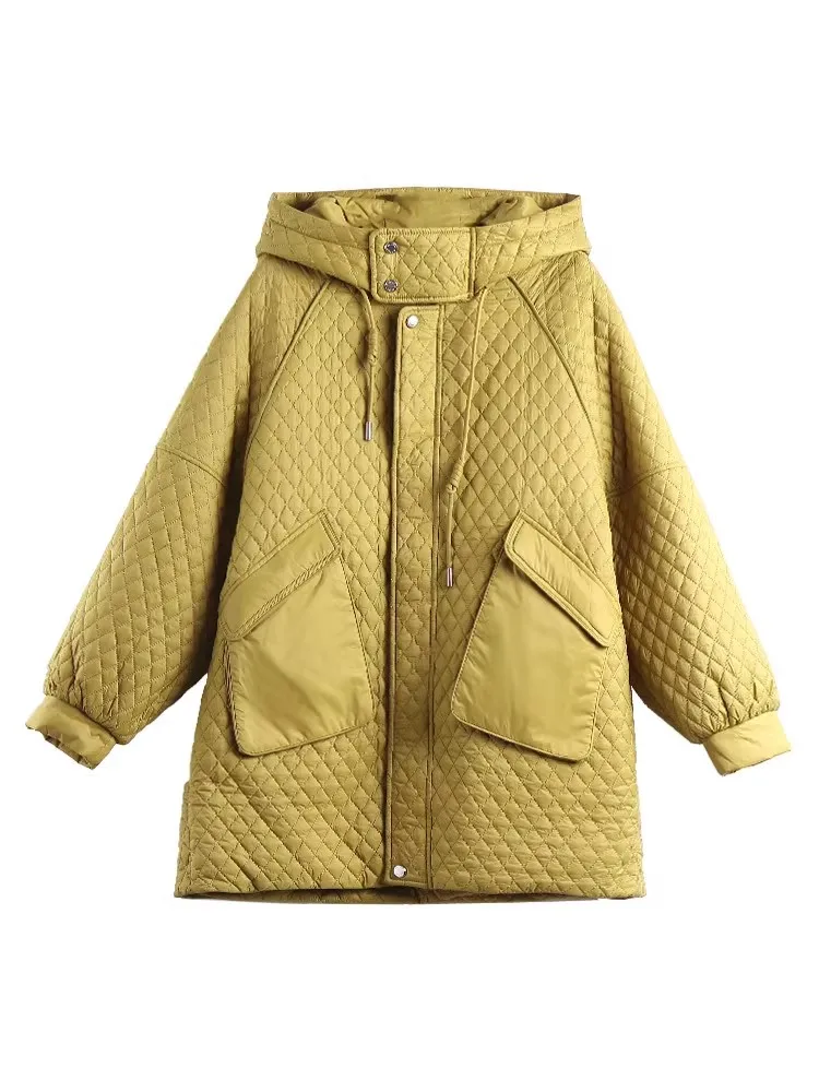 2023 New Oversized Hooded Plaid Cotton Jacket Women's Clothing Autumn Winter Coat Female Large Size Parka Black Overcoats AC765