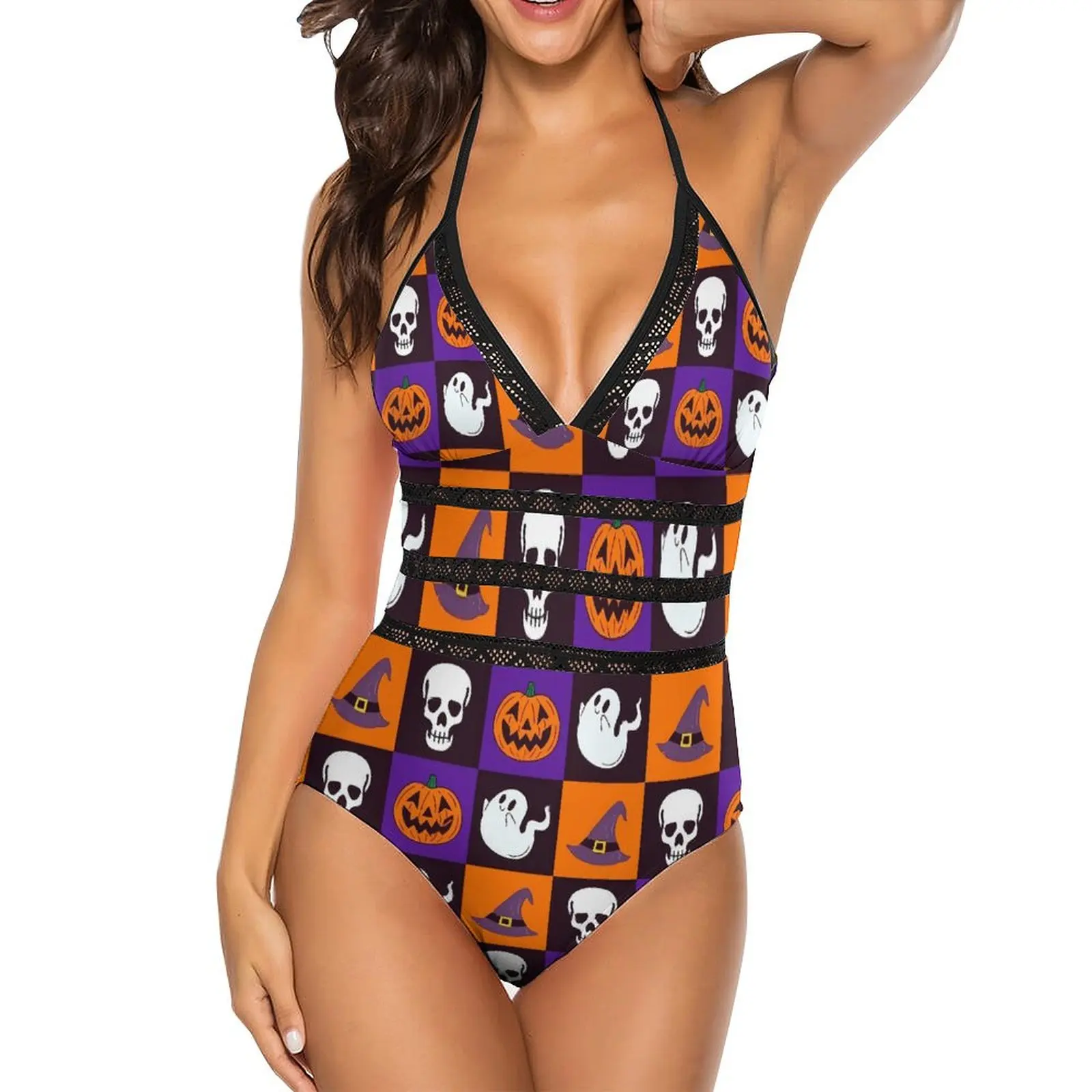 Милый купальник с призраком сексуальный v-образным вырезом на Хэллоуин цельный