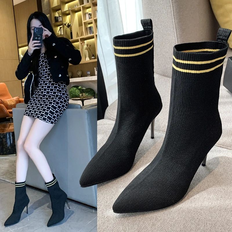 

Осенние новые женские носки и ботинки на среднем каблуке с острым носком Модные женские ботинки большого размера на высоком каблуке
