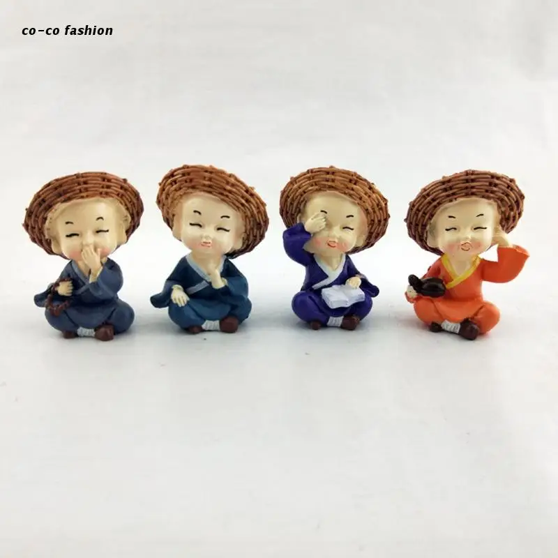 

517B 4pcs Mini Monk Figurines Car Decoration Crafts Kungfu Ornament Garden Accessory