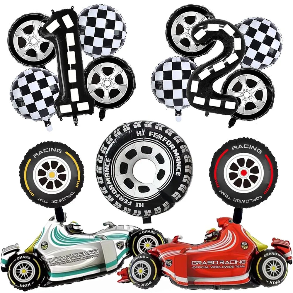 

5pcs Race Car Balloon set include 18inch Wheel Balloon Race Car Checkered Balloon Black 32inch Number Balloon Boy Birthday Decor
