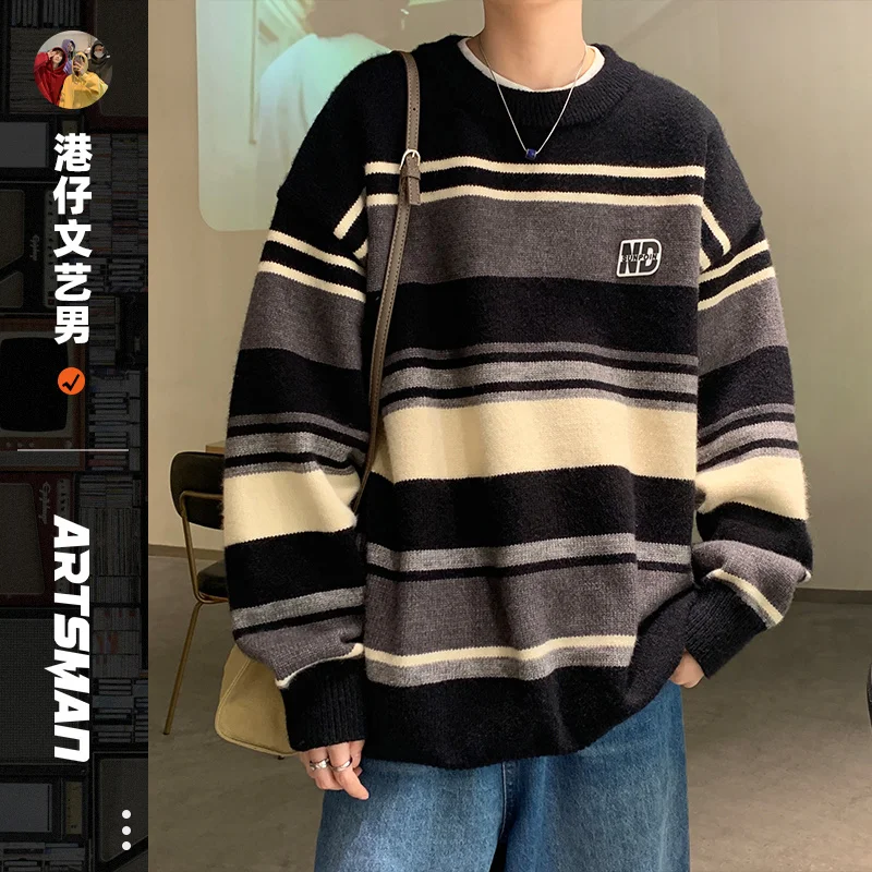 

Literature and Art Men's Loose Stripe Round Neck Knitwear Men's Autumn Oversize Lazy Sweater men coat winter clothes sweter