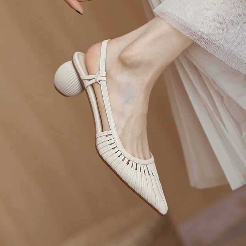 

2022 Summer French Style Women's Sandals White Pointed-toe Hollow-out Special-shaped Heel Mid Heel Single Shoes