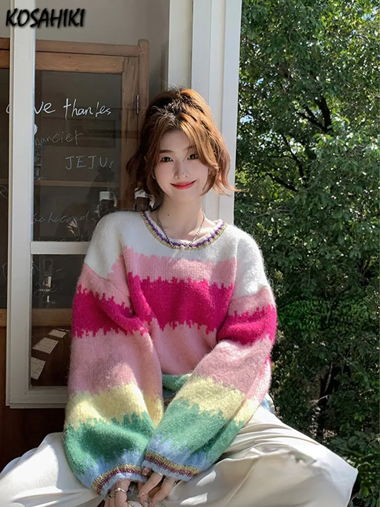 Женский свитер в радужную полоску Y2k Осенний Модный пуловер Корейском стиле с