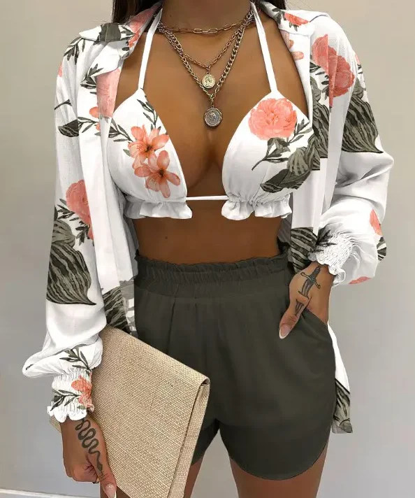 

3Pcs Shorts Set Print Shirt & Shorts Set Crop Top Long Sleeve Cardigan Summer Sexy Three Pieces Suit Y2K Clothes for Women