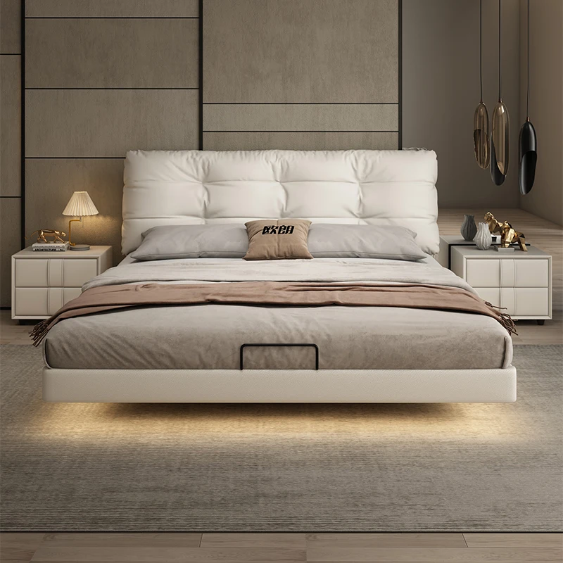 

Modern simple bedroom net red double bed marriage bed minimalist cream wind cat scratch leather solid wood suspension bed