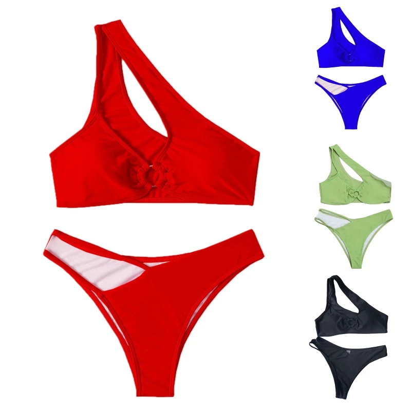 

High Waist Bikini Set One Shoulder Swimwear Irregular Bathing Suit Beachwear Solid Color D5QD