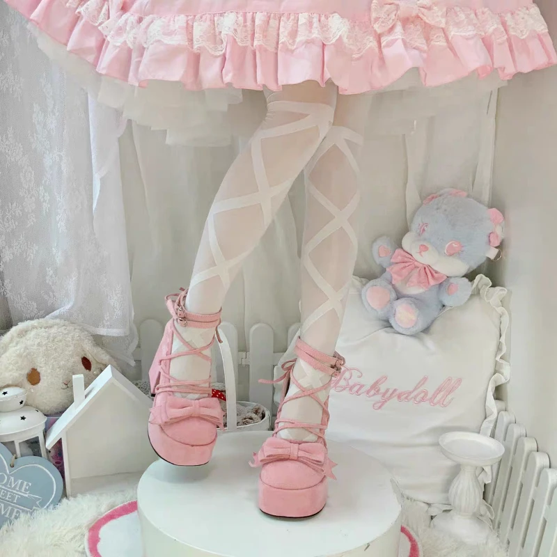 Platform Chunky Heel Lolita Mary Jane High Heels Women Brand Design Cross Tied Pink Bow Female Sweet Cosplay Pumps Party Prom