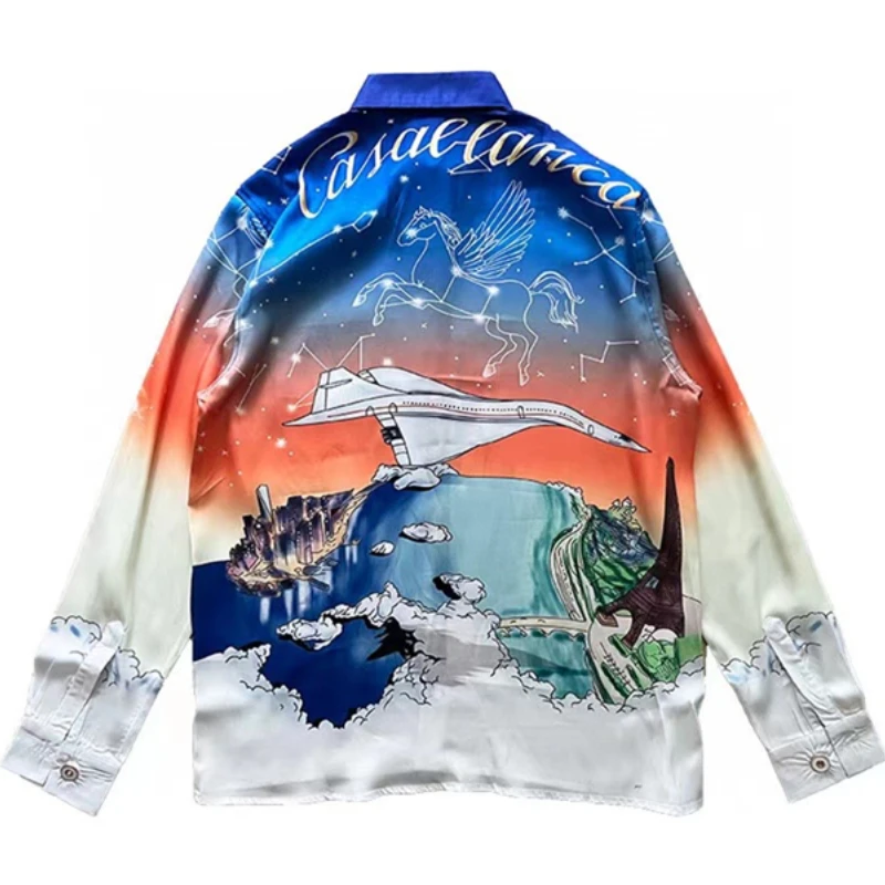 

Шелковая рубашка с градиентным принтом для мужчин и женщин, гавайская пляжная шелковая рубашка большого размера с длинными рукавами 1:1