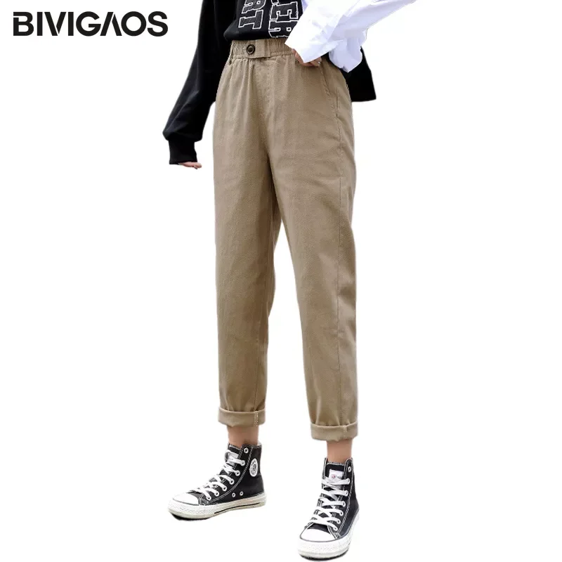 

BIVIGAOS New Spring Women Clothing Straight Overalls Casual Harem Pants Korean Elastic Waist Triangle Buckle Cargo Pants Women
