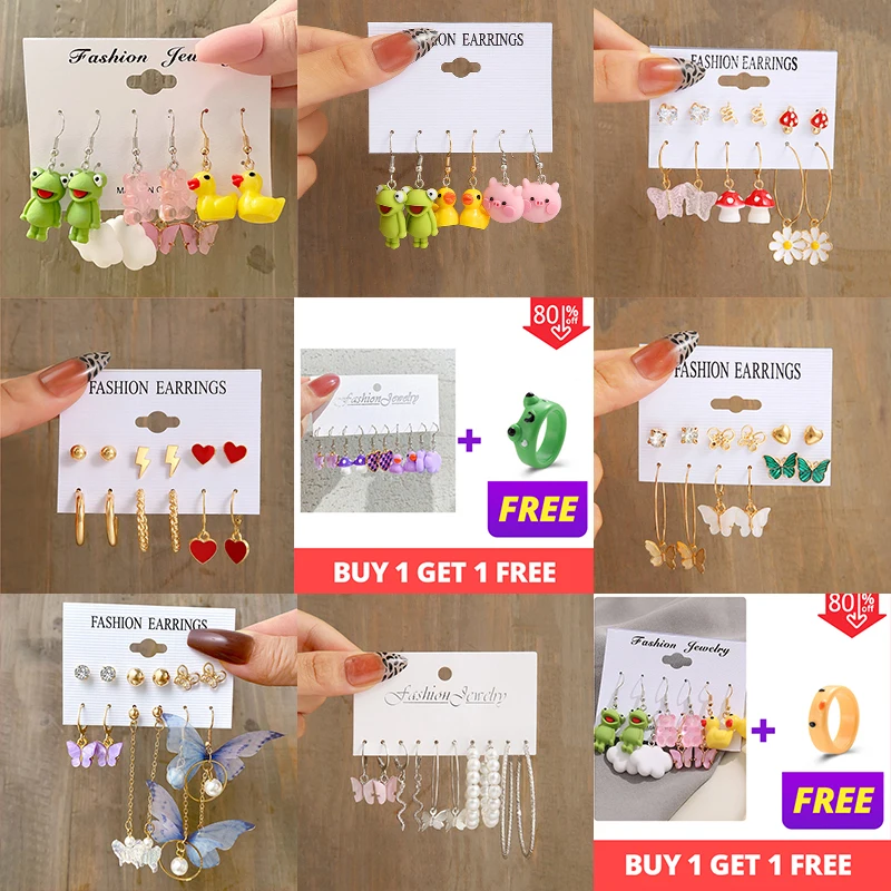 10Pcs/Set Duck Dangle Earring Set Cute Cartoon Butterfly Heart Mushroom Animal Drop Earrings For Woman Girl Kids Jewelry Gifts