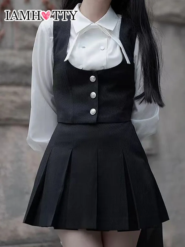 

IAMHOTTY Dark Academia Vest Jacket and Pleated Mini Skirt 2 Piece Set Women Gothic Preppy Style Kawaii Tanks Skirts Retro Outfit