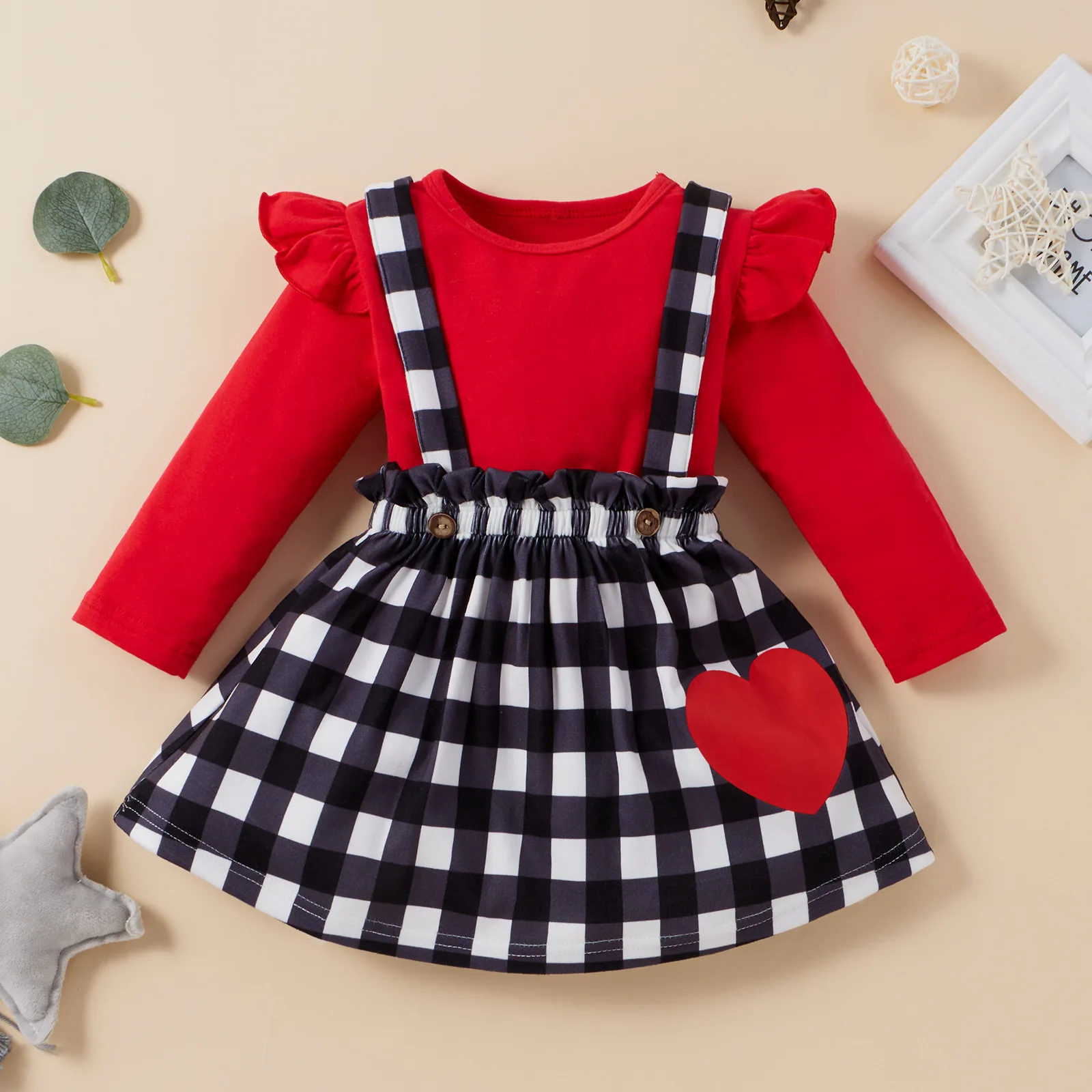 

Baby Girl Clothes Infant Fall Outfits Children Solid Fuffle Tops Love Print Plaid Suspender Skirt Cute Set Toddler Clothing Sets