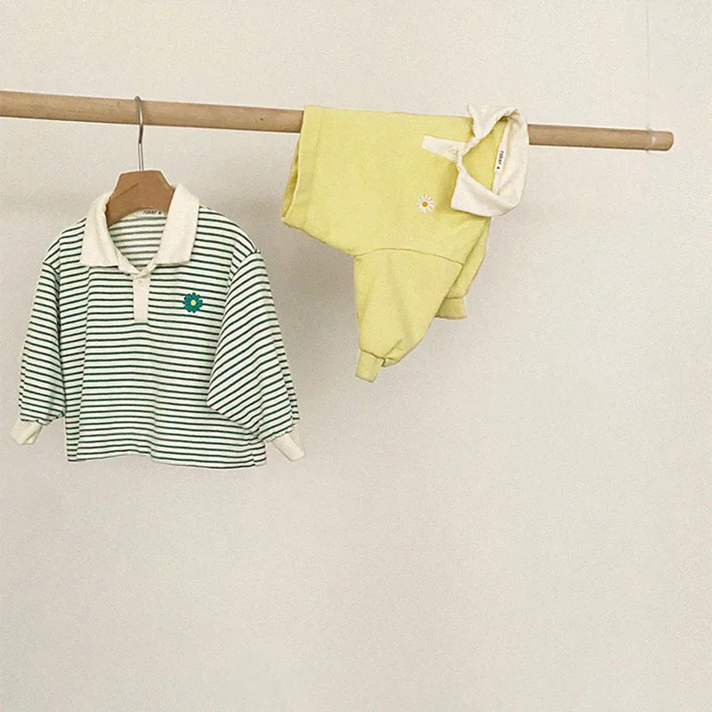 2022 Autumn New Baby Long Sleeve T Shirts Children Striped Polo Shirts Lapel Boys Girls Flower Sweatshirts Casual Infant Tops