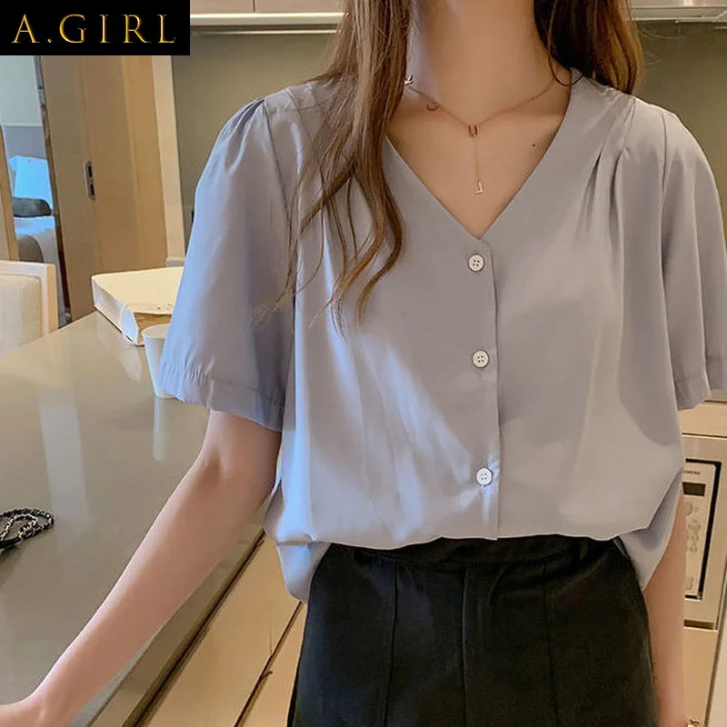 

Shirts Women Short Sleeve Elegant Simple Solid Color Popular Girls Tops Loose Thin Comfortable Clothing Female Single Breasted