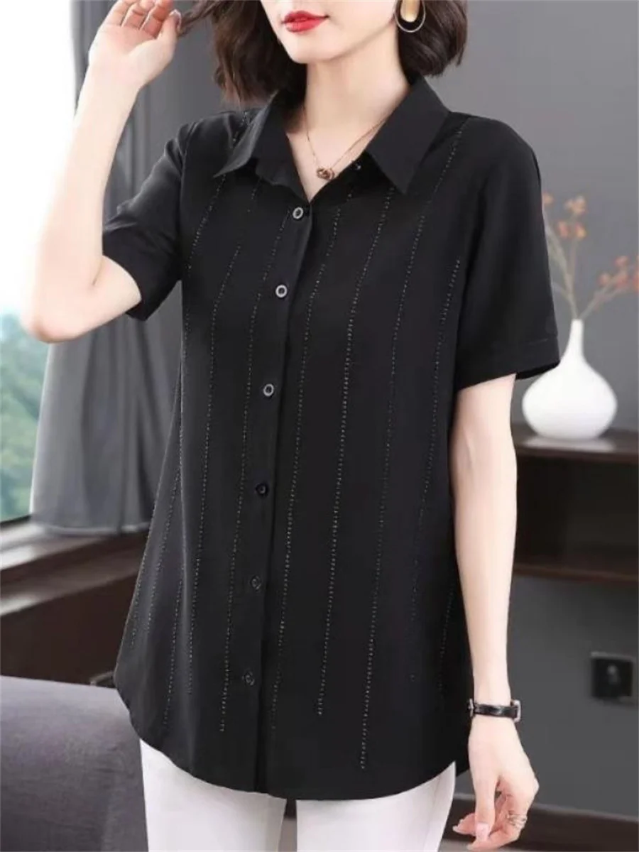 

4XL Women Spring Summer Blouses Shirts Lady Fashion Casual Short Sleeve Turn-down Colla Sequins Crystal Blusas Tops TT2079