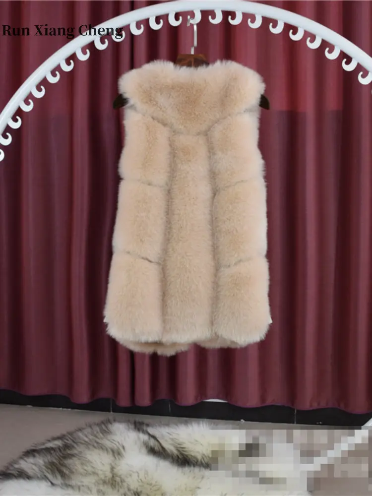 2023 Women's Mid-Long Faux Fox Fur Vest Factory Wholesale Winter Korean Version Keep Warm Sleeveless Overcoat for Urban Style