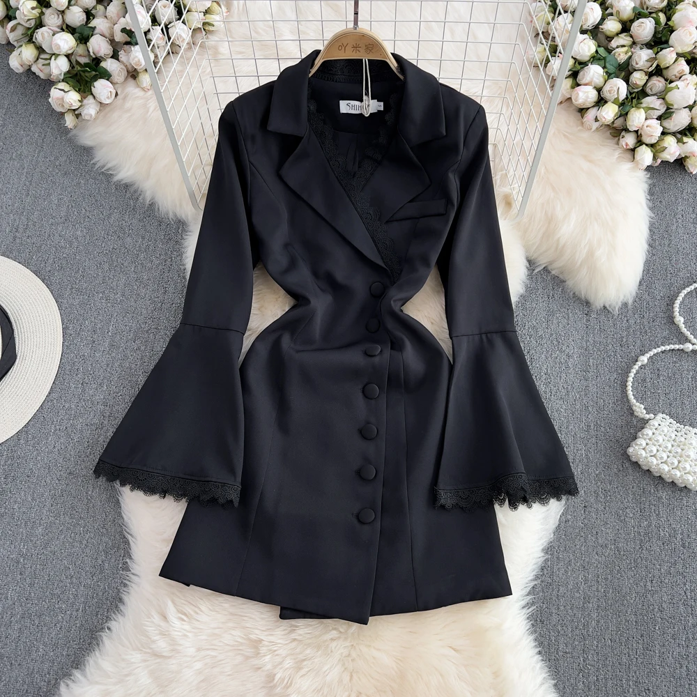 

SuperAen Summer 2022 New Waist Notched Flare Sleeve Solid A-LINE Casual Knee-Length Woman Dress