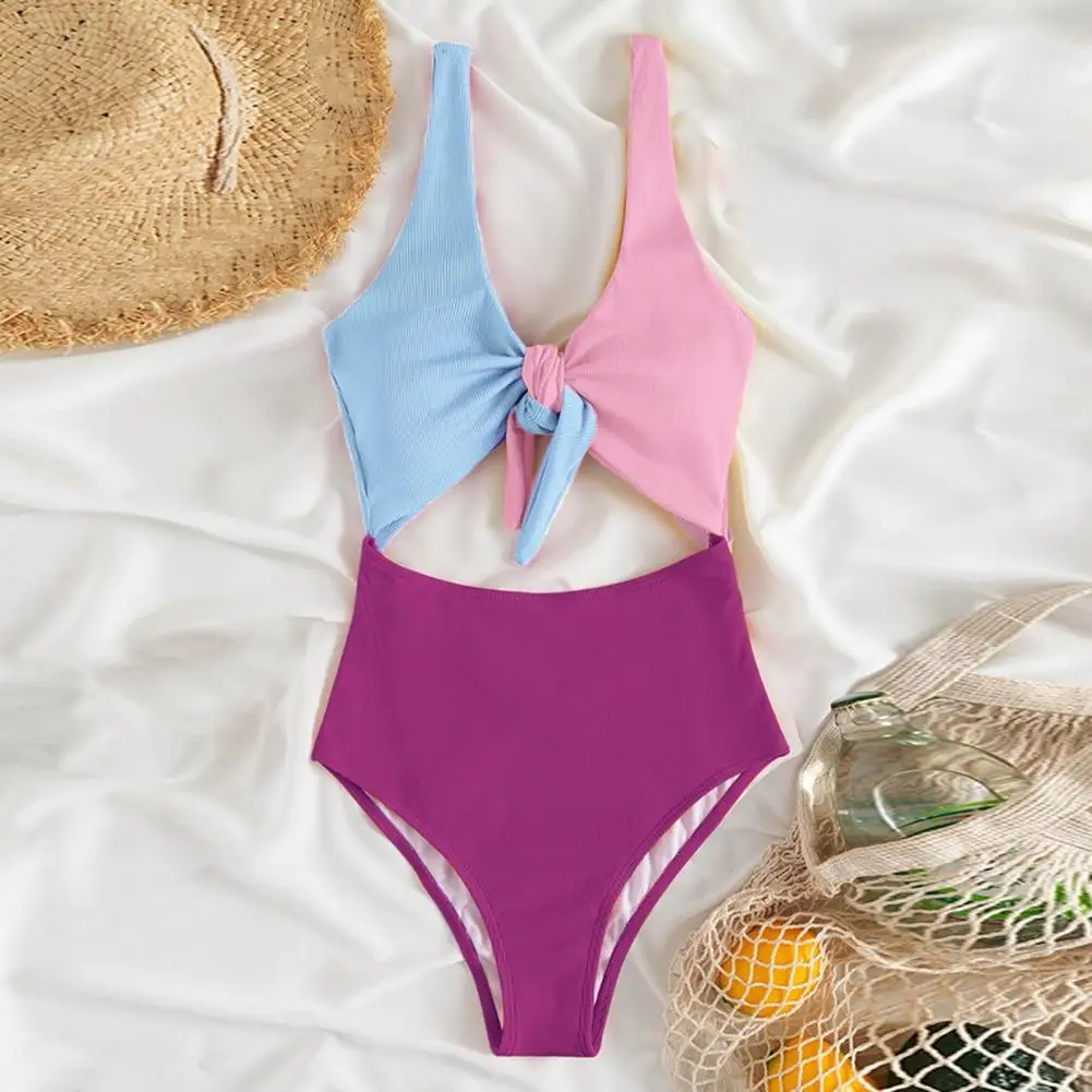 

Bathing Suit Three Colors Women Bikini Contrast Color Off Shoulder Monokini
