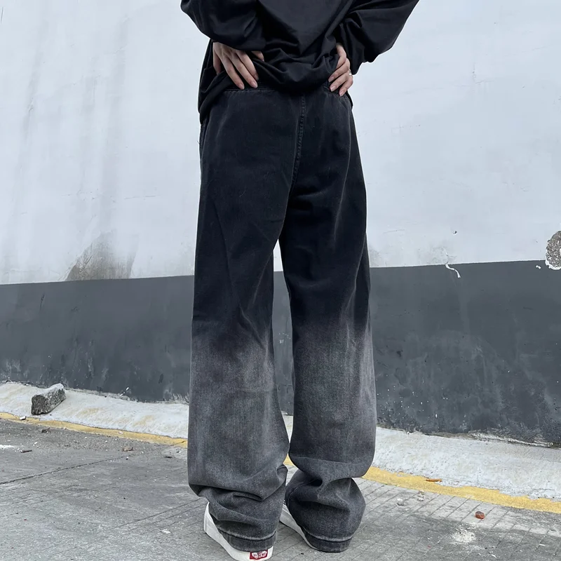 Men Clothing New Pattern Recreational Vintage Broad Leg Black Grey Jeans Straight Cylinder Large Loose Cargo Pants Autumn Female