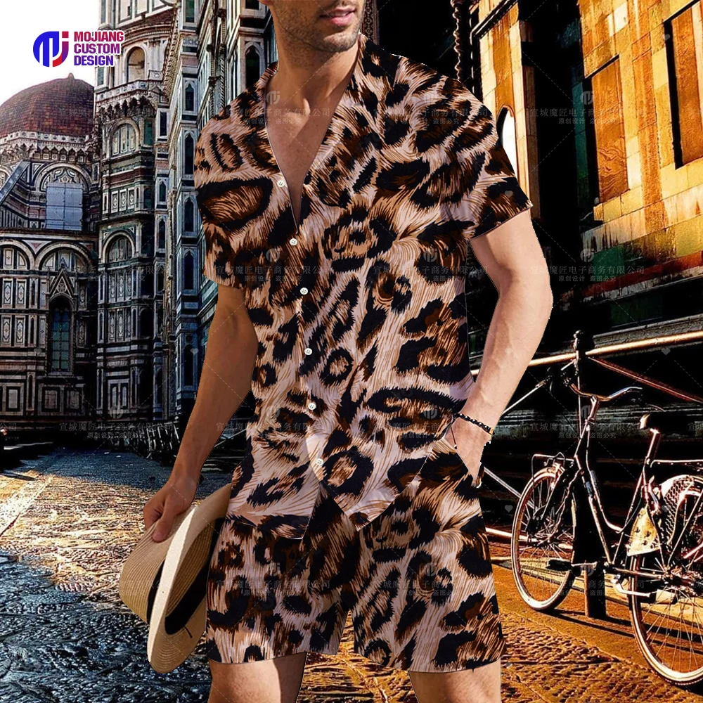 2023 Summer Men's Leopard Print Colorful 3D Lapel Shirt Button Short Sleeve + Shorts Set Men's Sports Hip Hop Set 2 Pieces