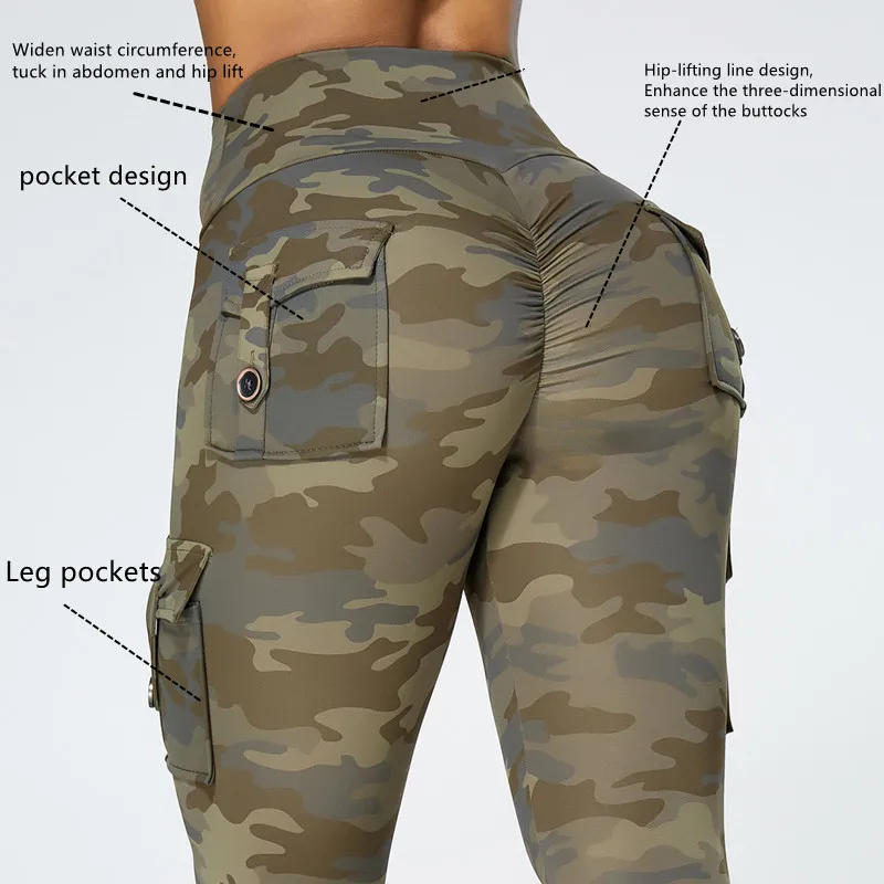 Sexy Peach Buttock Leggings Fitness Comprehensive Training Women Sports Pants Camouflage With Pocke Folds Tights Clothe Trousers
