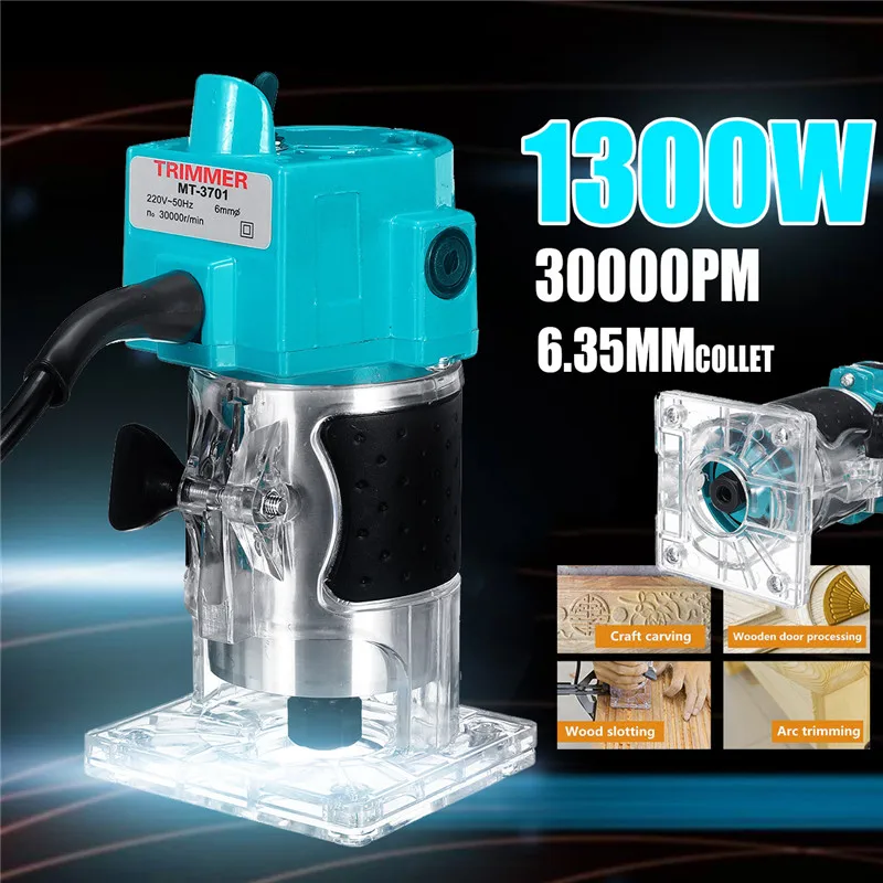 

110V/220V Wood Electric Trimmer 1300W 30000RPM Woodworking Tool Engraving Slotting Trimming Hand Carving Machine Wood Router