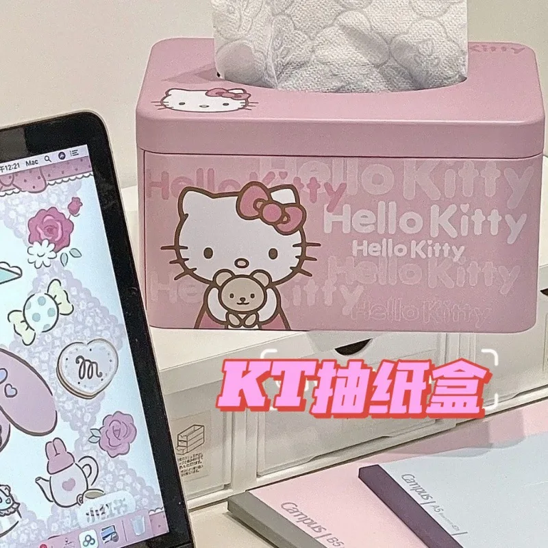 

Sanrio Kt Kawaii Hello Kitty Anime Figure Roll Paper Paper Tissue Box Restaurant Bedroom Napkin Box High Capacity Tableware Gift