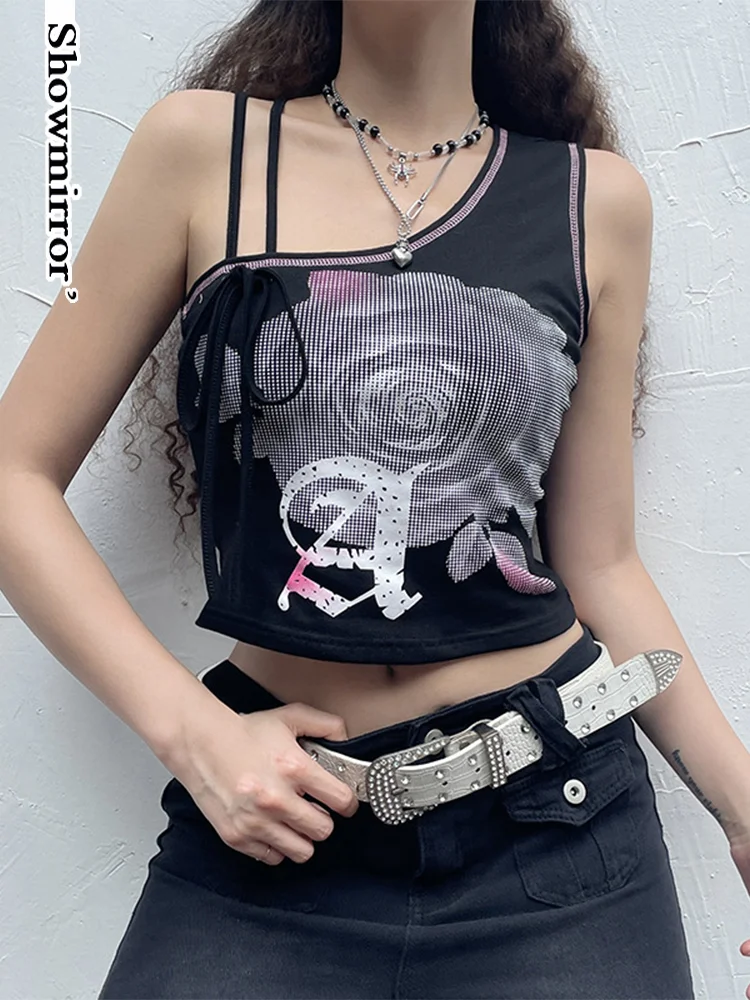

Showmirror Y2K Floral Bandage Tank Tops Asymmetrical Lace Up Grunge Punk Mini Vest Women Streetwear Retro Aesthetic Cam
