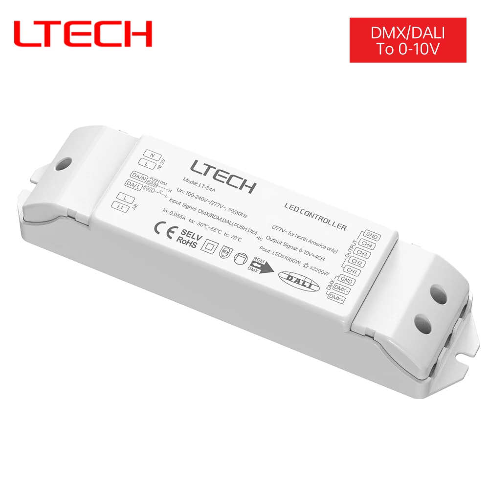 Фото Модуль диммирования LTECH DMX/DALI на 0-10В, 4-канальный выход, диммер 0-10В с кнопочным переключателем для диммирования светодиодного драйвера 1-10В, режим плавного затухания.