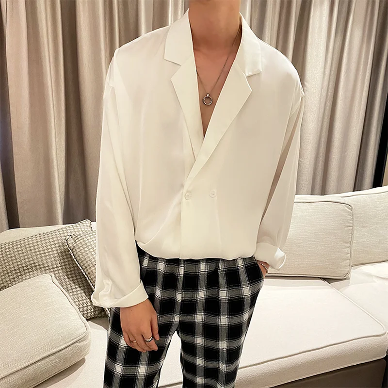 Light Luxury V-neck Men's Shirt 2021 Autumn Loose Long Sleeve Casual Loose Shirts Male Streetwear Social Party Camisas Masculina