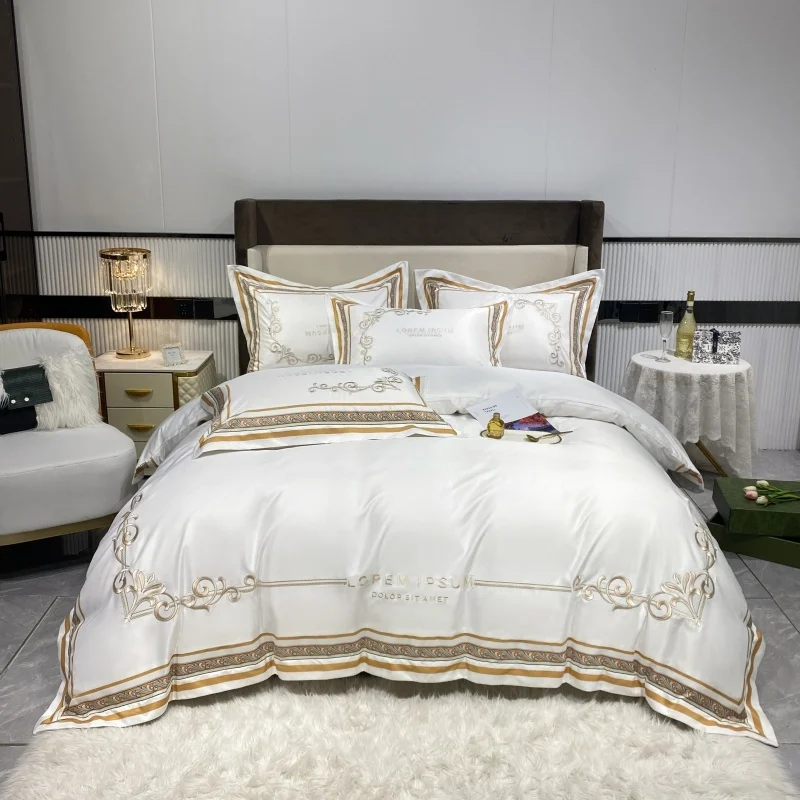 

Luxury Embroidery Summer Ice White Bedding Washed Silk Queen King Size Quilt/Duvet Cover Set Bed Linen Pillowcases 4Pcs