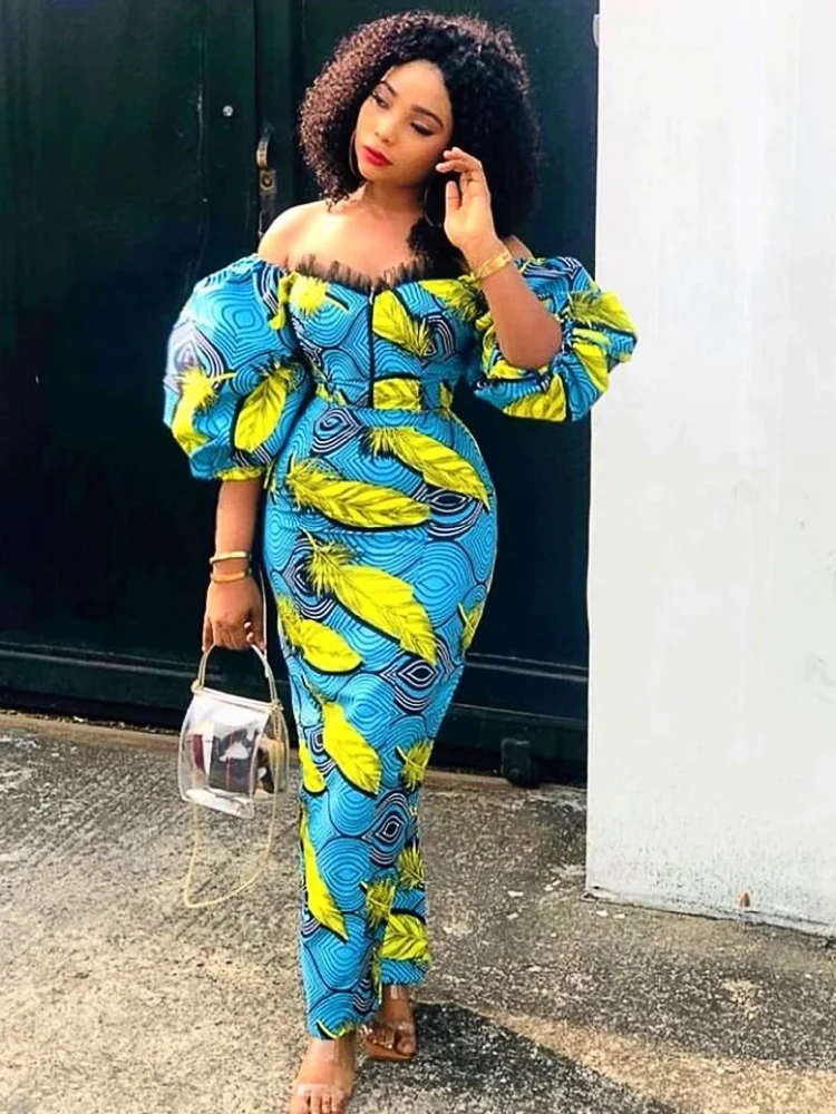 

AOMEI Long Printed Women Dress Floral Off Shoulder Short Puff Sleeve Sexy Bodycon African Retro Gown Summer Evening Party Outfit