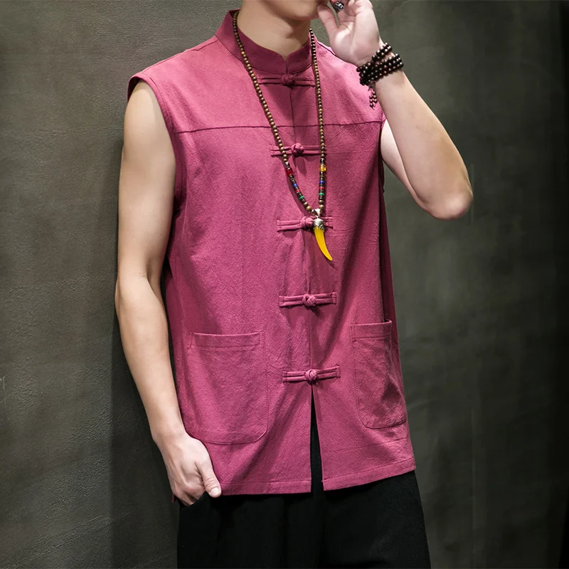 Summer Chinese Style Top Cotton Linen Vest Vintage Mens Sleeveless Waistcoat Red Hemp Buckle Clothes In Oriental Style Plus Size
