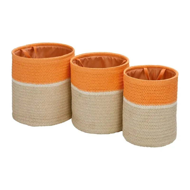 

Uniquely Crafted Durable Stylish Set 3 Orange White Paper Straw Baskets Handles Perfect Home Organization