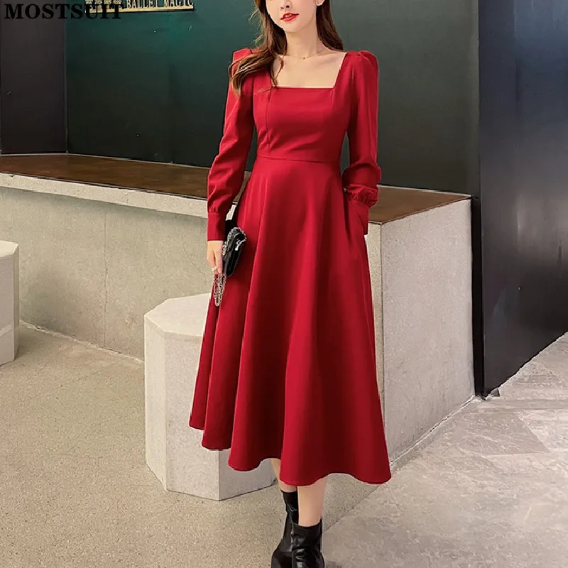 

Vintage Elegant Women Long Dress Spring Autumn Full Sleeve Square Collar A-line Dresses Vestidos 2022 L-4xl