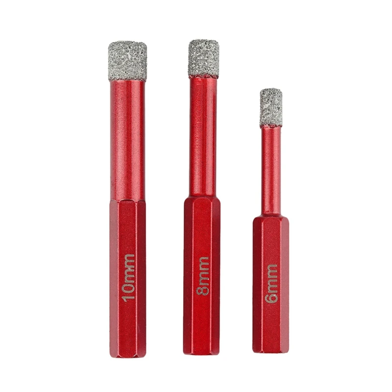 

3Pcs Hole Drill Bit Diamond Hole Saw Set Hexagonal Dry Drill Bit For Glass Tiles Porcelain Marble Granite Red