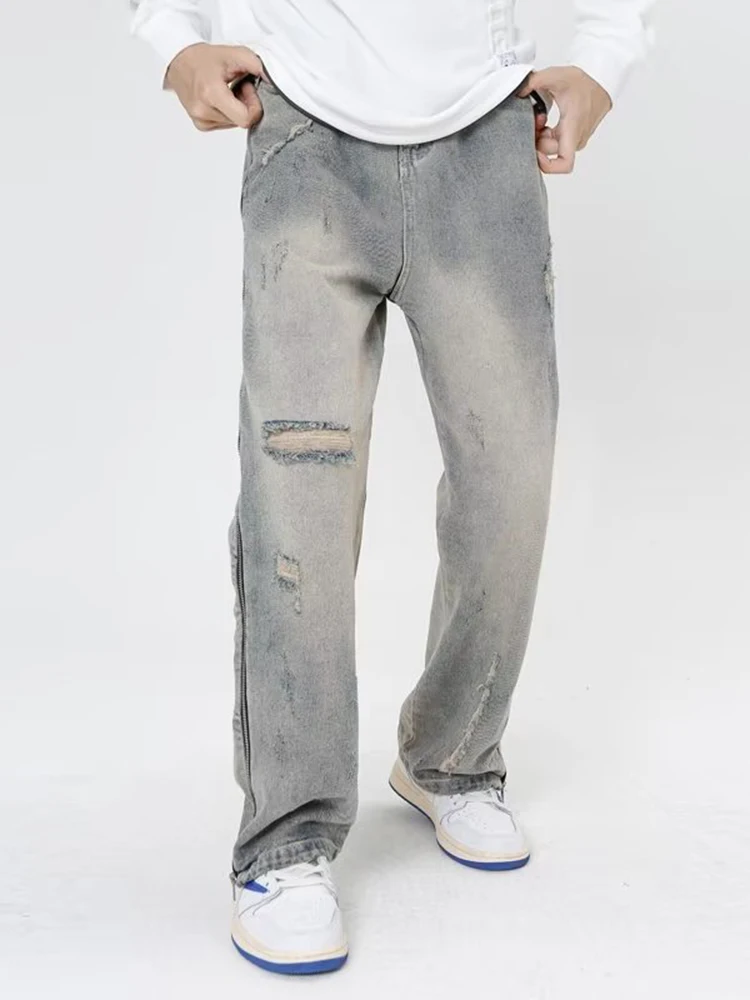Wide Leg Cargo Pants Streetwear Baggy Jeans New Spring Autumn Men Jeans Ripped Loose Straight Male Brand Clothing Blue Denim