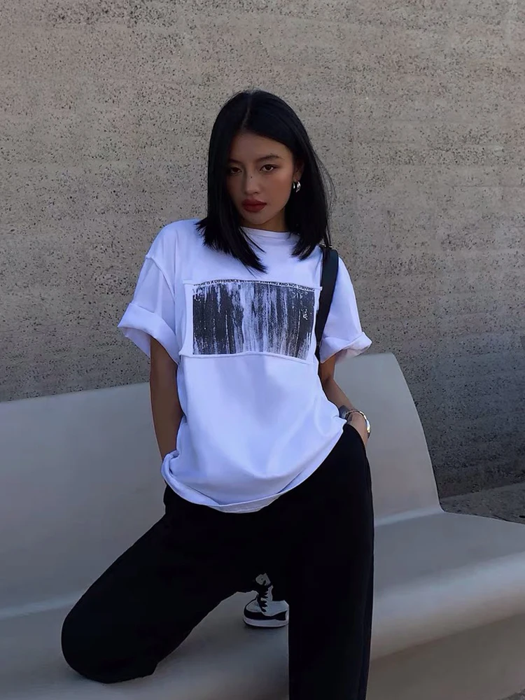 

Женские топы и топы, Летние Элегантные базовые хлопковые футболки, женские корейские топы с принтом и круглым вырезом, повседневные свободн...