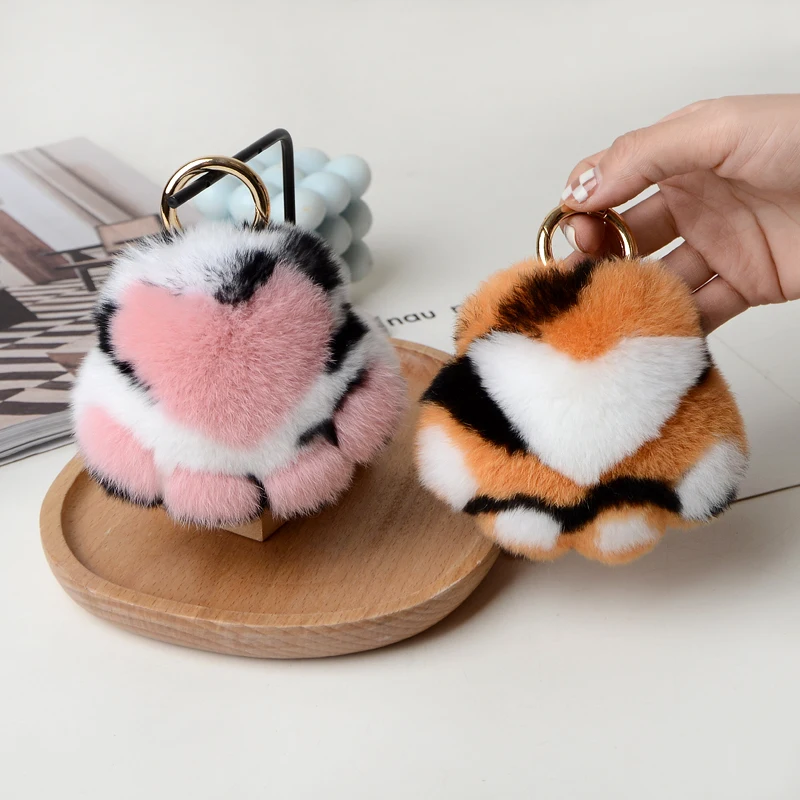 

Plush Ball Real Rex Rabbit Fur Keychain Cat Claw Women Bag Pendant Cute Toy Hanging Ornaments Car Key Rings Bear Paw Trinkets