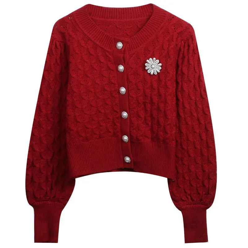 

Женский вязаный кардиган, белый, красный, черный кардиган с длинным рукавом, украшенный бусинами, весна-осень 2023