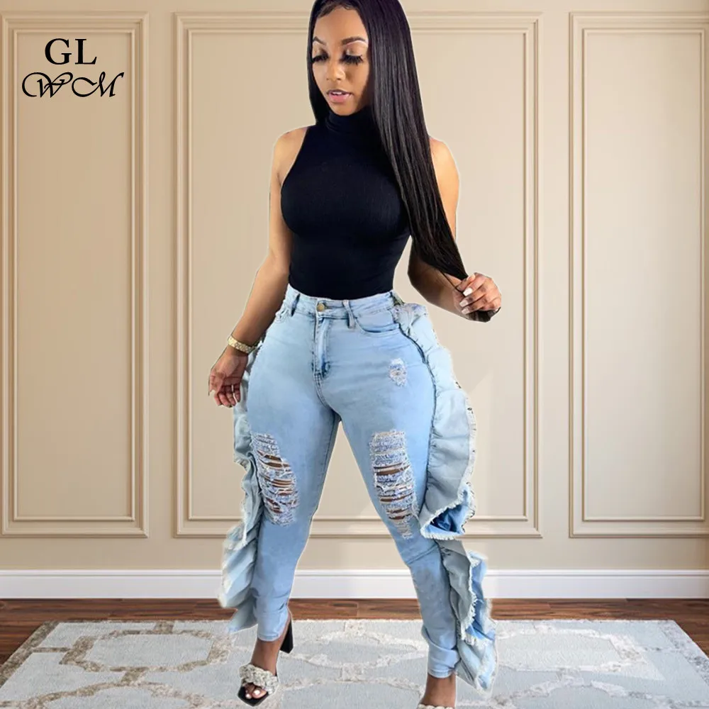 

S-2XL Washed Street Hole Long Pants Fashion Ruffled Tassels Women Jeans Elasticity Denim Pencil Pants Wolesale Dropshipping