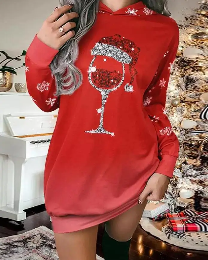 

Christmas Snowflake Wine Glass Print Sweatshirt Mini dresses for women 2022 elegant high quality new fashion