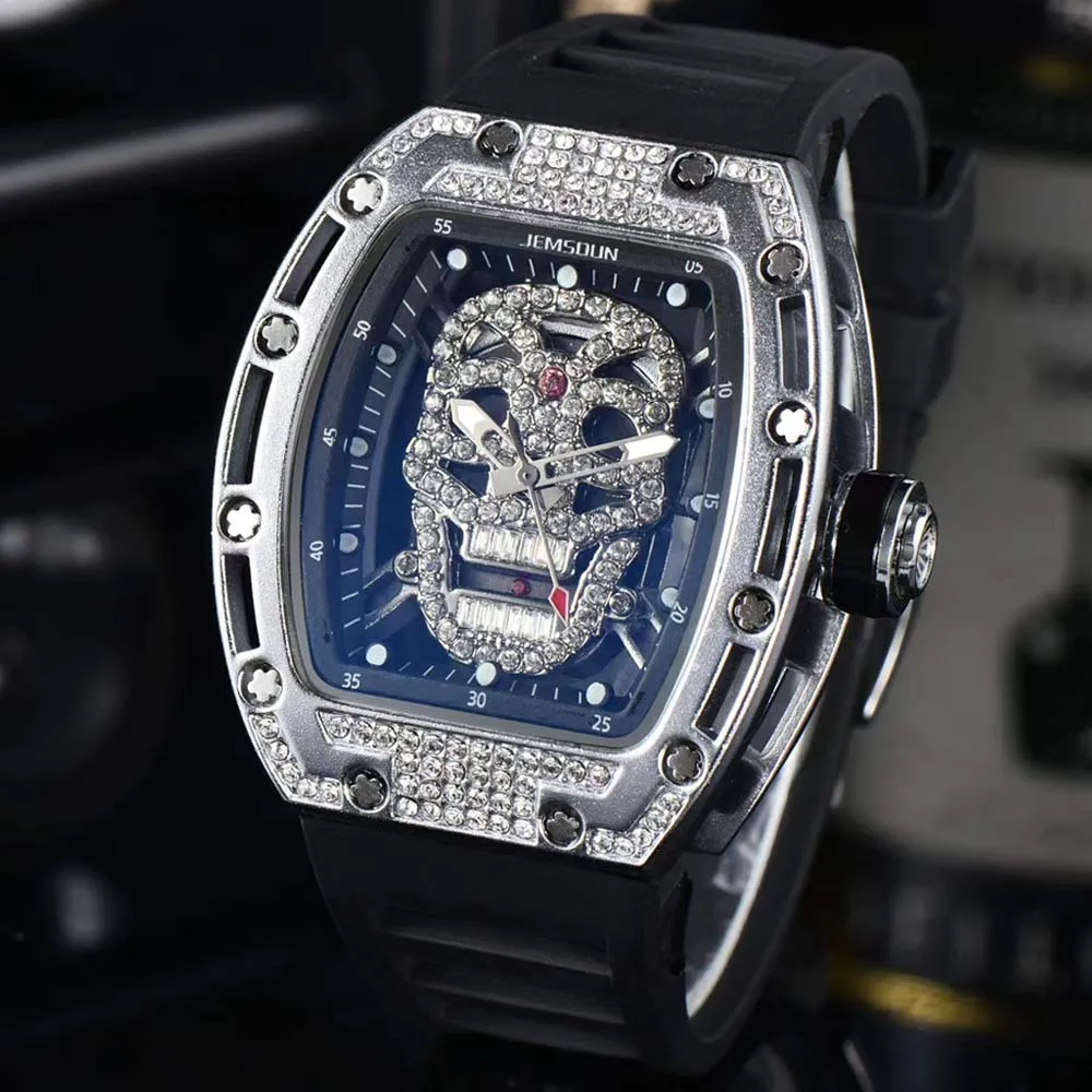 

New Hip Hop Original Brand Tonneau Watches For Men Luxury With Diamond Skull Hollow Quartz WristWatch Iced Out Sports AAA Clocks