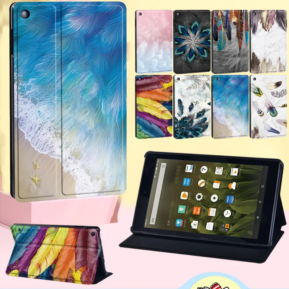 

Flip Tablet Cover Case for Fire 7 HD 10 (5th/7th/9th Gen)/HD 8 6th/7th/8th /10th Gen/HD 8 Plus 10th 2020 Feather Pattern Shell